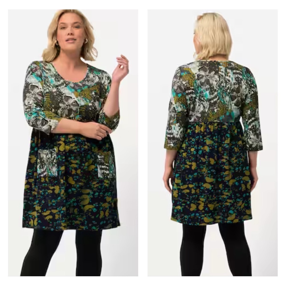 Ulla Popken 20/22 Dress Tunic Mix Olive Tone Print Empire Knit Cotton A-line